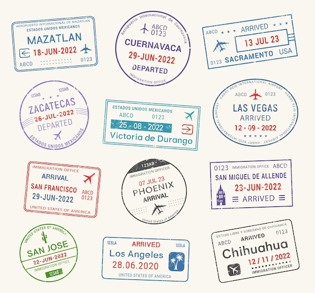 Sellos de viaje de pasaporte visa de aeropuerto de ee. uu. méxico