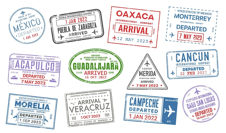 Vector sellos de viaje del pasaporte de la visa del país de méxico