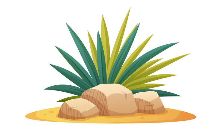 Vector la selva de arbustos tropicales deja hierba alta con piedras en la arena elemento de dibujos animados vectorial en fondo blanco
