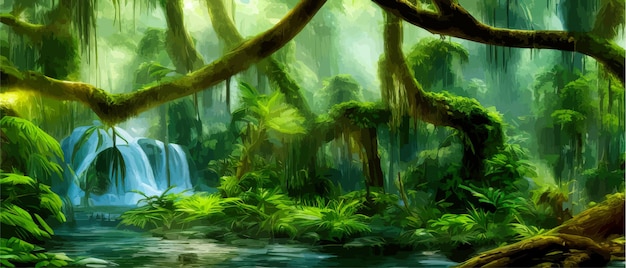 Vector selva cascada vector ilustración fantasía mística fauna bosque tropical paisaje panorámico