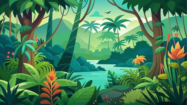 una selva con un río y montañas en el fondo