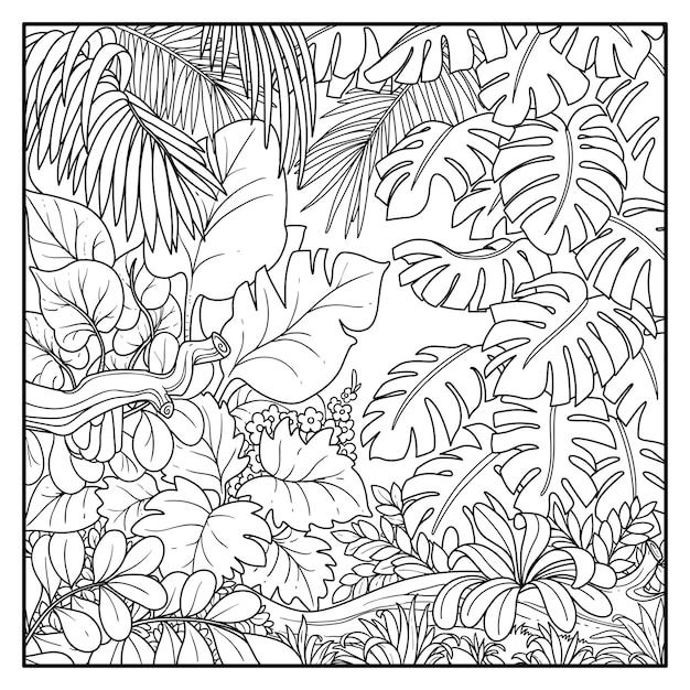 Selva salvaje con grandes hojas de palma dibujo de línea de contorno negro para colorear sobre un fondo blanco