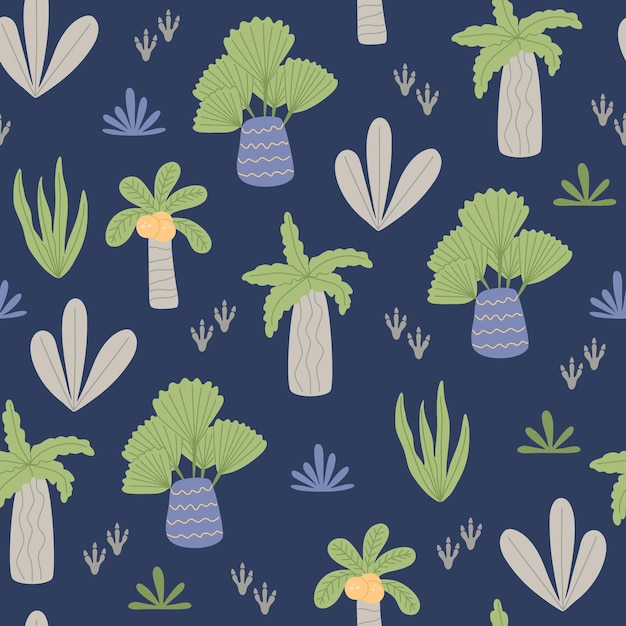 Selva tropical africana en estilo de dibujos animados. Patrón sin fisuras con varias palmeras, plantas y huellas de dinosaurios. Elementos coloridos aislados sobre fondo azul. Ilustración de vector plano dibujado a mano.