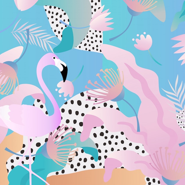 Selva tropical hojas con flamencos.