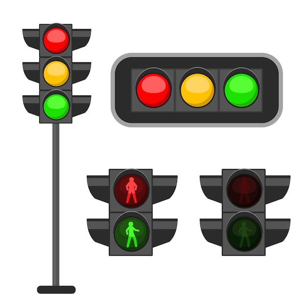 Vector semáforo. las luces led de colores rojo, amarillo y verde indican la regulación de la calle, el paso de peatones y la seguridad vial, controlan los accidentes, el conjunto de vectores de banner de diseño web aislado en el fondo
