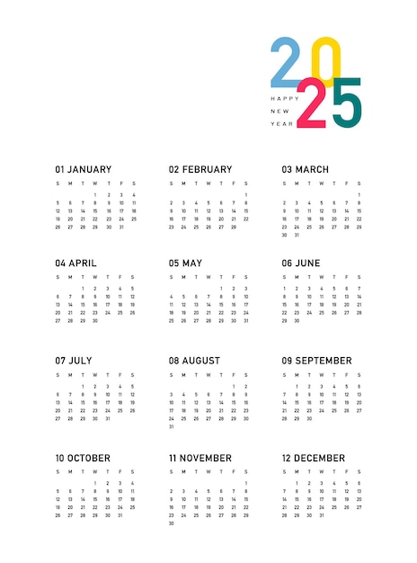 La semana del calendario 2025 comienza el domingo en fondo blanco con letras de color del vector del año
