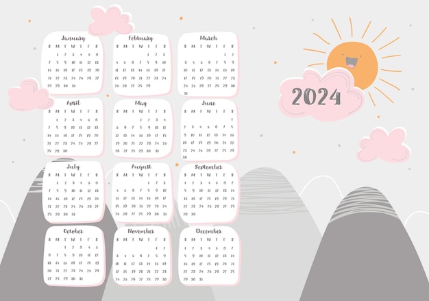 La semana del calendario infantil 2024 comienza el domingo todo el mes en una sola página Linda decoración