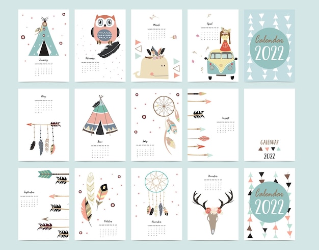 La semana del calendario de mesa 2022 comienza el domingo con la pluma boho que se usa para el tamaño A4 A5 vertical digital e imprimible