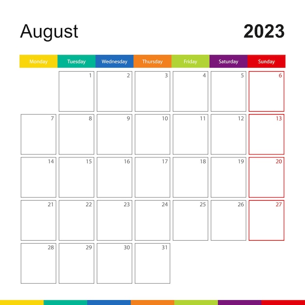 La semana del calendario de pared colorido de agosto de 2023 comienza el lunes