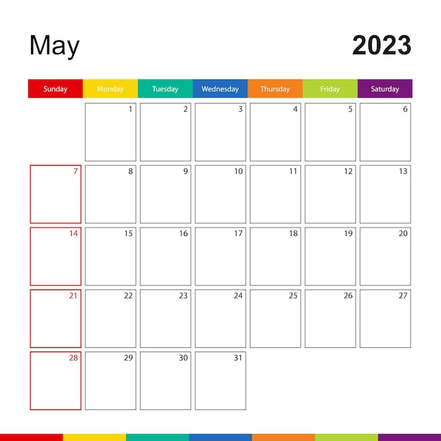 Vector la semana del calendario de pared colorido de mayo de 2023 comienza el domingo