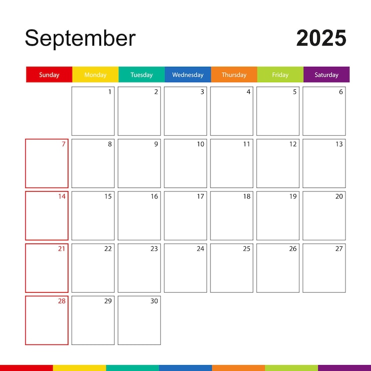 Vector la semana del calendario de paredes coloridas de septiembre de 2025 comienza el domingo.