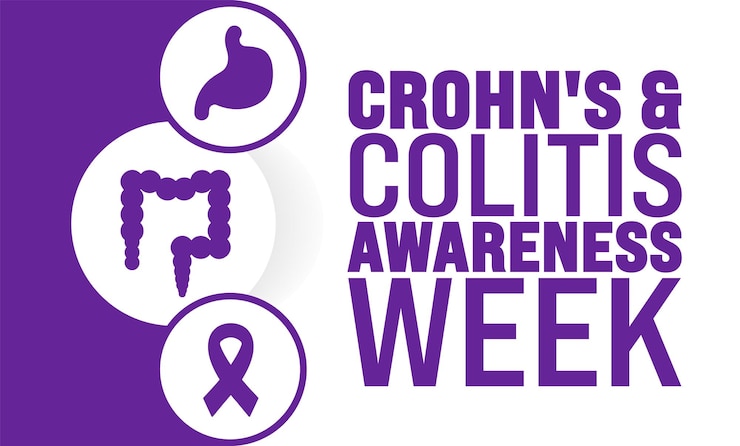 Vector semana de concienciación sobre la enfermedad de crohn y la colitis: estampa de diseño de cartel o cartel de fondo que se observa cada año