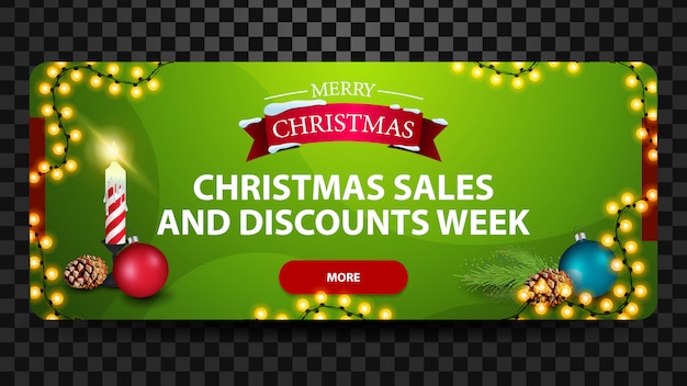 Semana de descuento y ventas de Navidad, banner web moderno horizontal brillante verde con botón