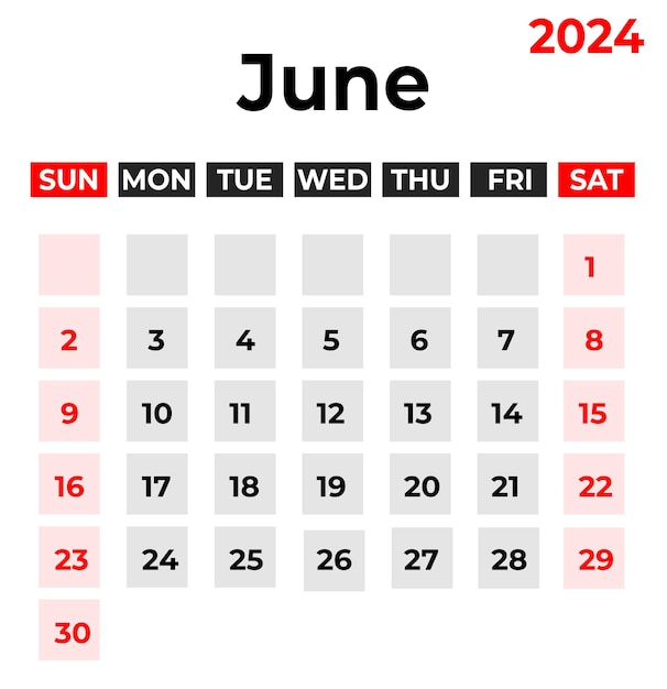 La semana de diseño de calendario mensual de junio de 2024 comienza el domingo