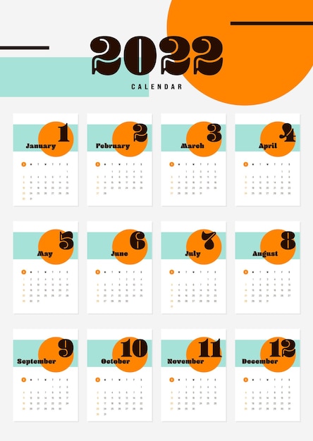 La semana de diseño de plantilla de calendario mensual imprimible 2022 comienza el domingo en estilo minimalista, ilustración vectorial