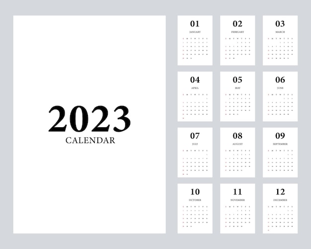 La semana de diseño de plantilla de calendario mensual imprimible de 2023 comienza el domingo estilo minimalista