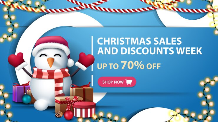 Vector semana de rebajas y descuentos navideños, hasta 70 de descuento, con anillos decorativos, guirnaldas y muñeco de nieve con gorro de papá noel con regalos