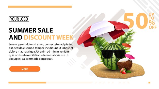 Semana de rebajas y descuentos de verano, banner web blanco en estilo moderno para su sitio web