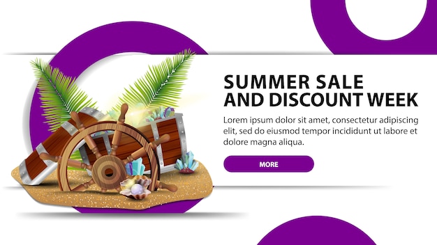 Semana de rebajas y descuentos de verano, banner web creativo con cofre del tesoro.
