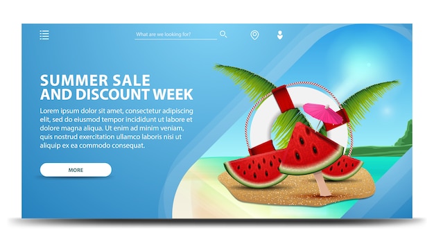 Semana de rebajas y descuentos de verano, banner web horizontal creativo con hermosos paisajes.
