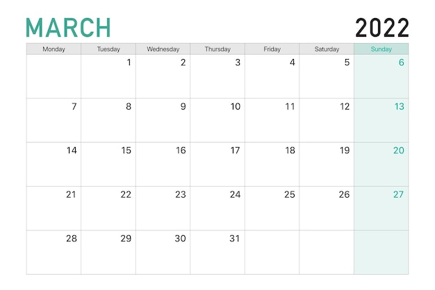 Las semanas del calendario de escritorio vectorial de ilustración de marzo de 2022 comienzan el lunes en un tema verde claro y blanco