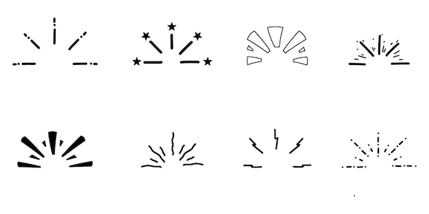 Semicírculos de Doodle con estrella de línea de rayos Establecido para resaltar el efecto cómico explosión de boom Arte de línea