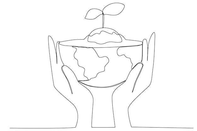 La semilla que comienza a crecer en el globo terráqueo protegida por dos manos una línea de arte