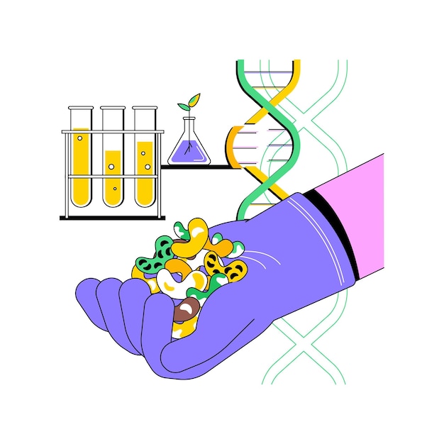 Semillas modificadas genéticamente ilustraciones vectoriales de dibujos animados aislados Hombre cultiva semillas modificadas genéticamente en laboratorio producción de cultivos idea de agronegocio sector de insumos agrícolas dibujos animados vectoriales