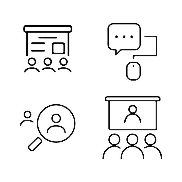 Seminario de educación aprendizaje en línea webinar conjunto de iconos de esquema de trazo editable