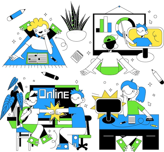Seminario web educativo, clases en línea, un conjunto de iconos para la enseñanza a distancia. Seminario web, clase digital, metáforas del aprendizaje en línea. Ilustraciones de estilo garabato aisladas por vectores.