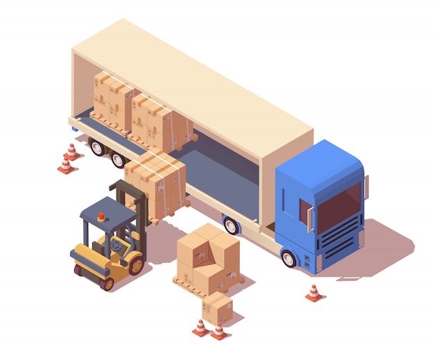 Semirremolque y carretillas elevadoras de carga con cajas de cartón.