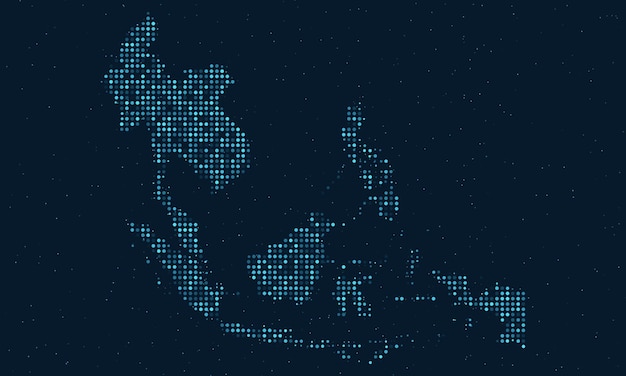 Semitono punteado abstracto con efecto estrellado en fondo azul oscuro con mapa del sudeste asiático