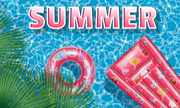 Semmer con hojas de palmera y piscina. Ilustración publicitaria de verano.