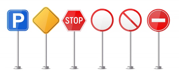 Señal de advertencia de carretera, plantilla reguladora de tráfico aislada sobre fondo blanco conjunto de recopilación. ilustración