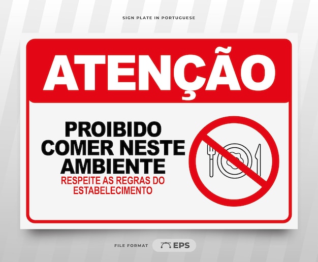 Vector señal de advertencia de prohibido comer en este entorno en portugués brasileño