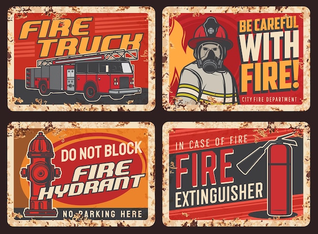 Señal de advertencia de seguridad contra incendios, placa de metal oxidada con camión de bomberos