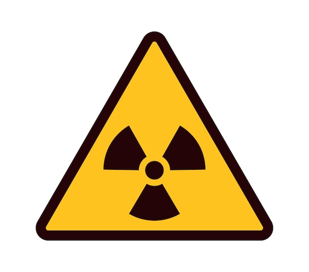 Señal de advertencia. Triángulo amarillo con símbolo de atención negro, emblema de área radiactiva, pictograma de zona industrial de contaminación peligrosa, cuidado con la ilustración de vector plano de peligros de radiación aislado en blanco