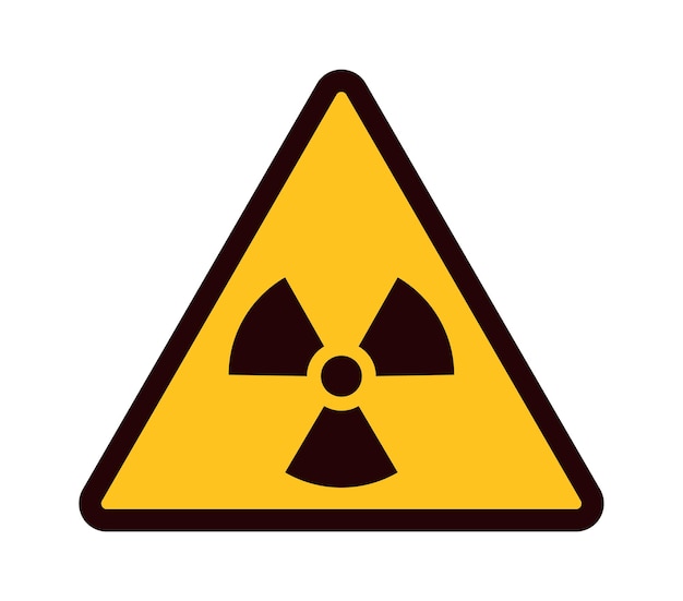 Señal de advertencia. triángulo amarillo con símbolo de atención negro, emblema de área radiactiva, pictograma de zona industrial de contaminación peligrosa, cuidado con la ilustración de vector plano de peligros de radiación aislado en blanco