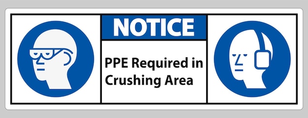 Señal de aviso de PPE requerido en el área de trituración aislado en fondo blanco