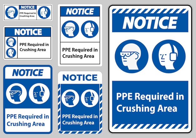 Señal de aviso de PPE requerido en el área de trituración aislado en fondo blanco