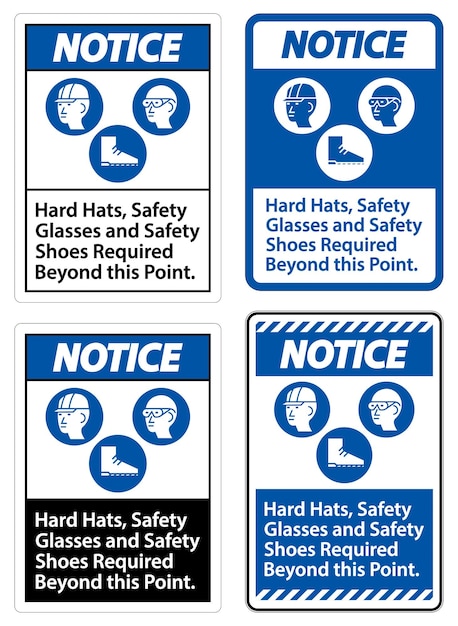 Señal de aviso: Se requieren cascos, gafas de seguridad y zapatos de seguridad más allá de este punto con el símbolo de EPI