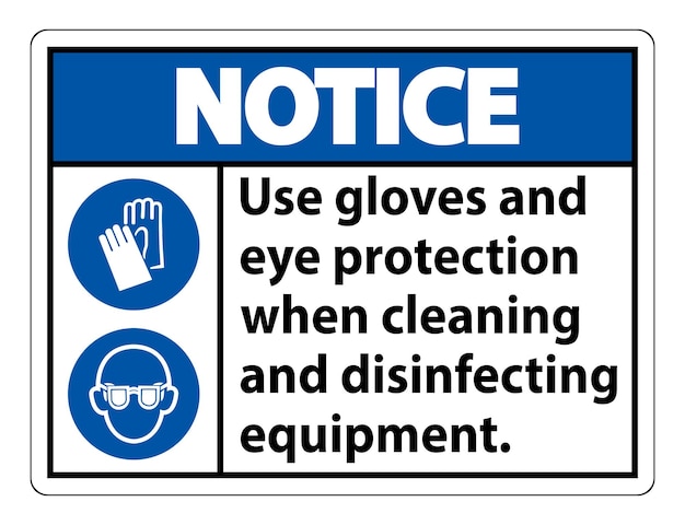 Señal de aviso de uso de guantes y protección ocular sobre fondo blanco