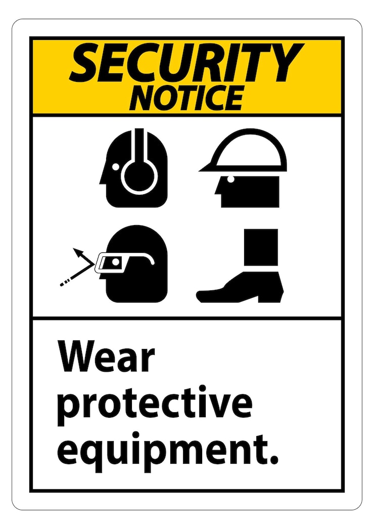 Vector señal de aviso viste equipo de protección de seguridad con símbolos de epi en fondo blanco ilustración vectorial
