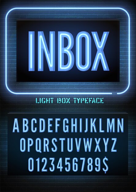 Señal de bandeja de entrada con alfabeto de caja de neón azul sobre fondo de pared de ladrillo oscuro Caja de luz nocturna efecto brillante fuente estrecha con números Ilustración vectorial
