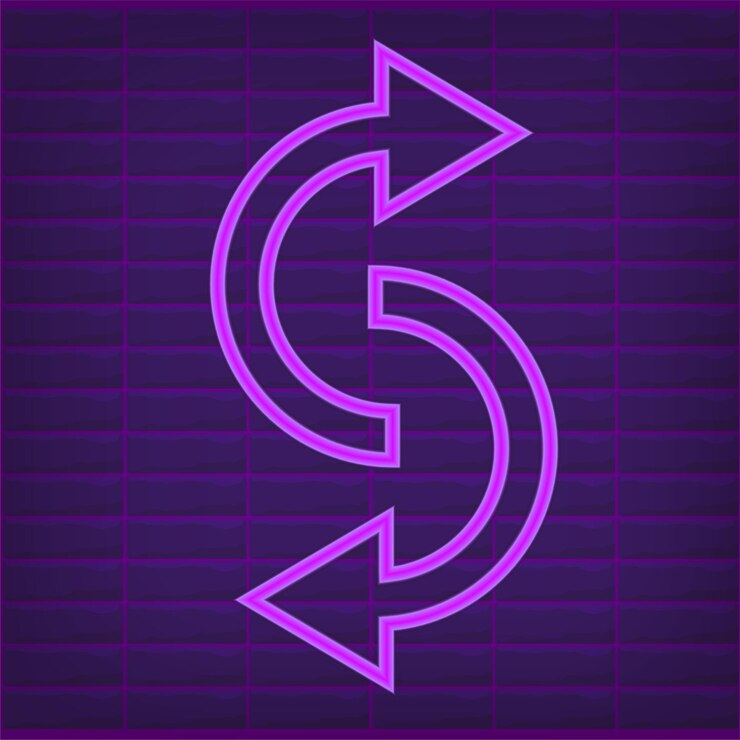 Vector señal de brillo púrpura de flecha de luz de neón para el conjunto de ilustración de vector de dirección. elemento de información de brillo