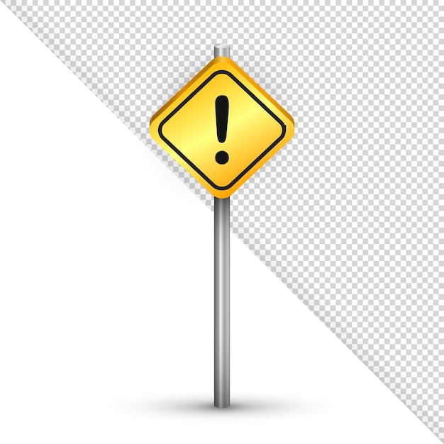 Señal de carretera 3d con pilar de metal y rombo amarillo con signo de exclamación en el interior.