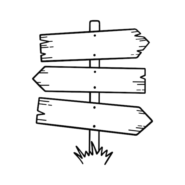 Señal de carretera de madera garabato Señal de dirección de madera y flechas en estilo boceto