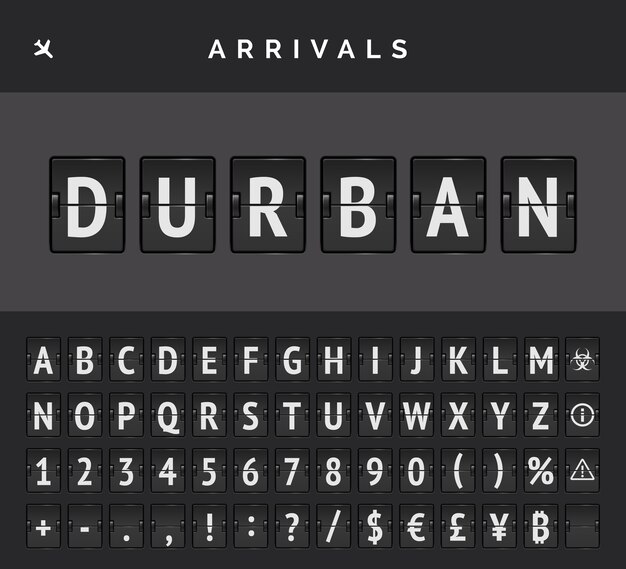 Señal de llegada de avión y fuente de tablero de volteo de aeropuerto mecánico. Vector de información de vuelo de destino en Durban en África.