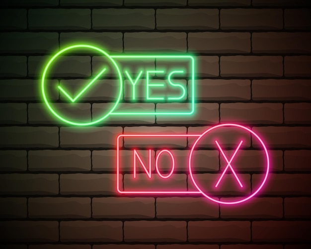 Señal de neón Sí Sin fondo de vector de luz Elemento de diseño brillante brillante realista en marco de flecha para Club Bar Cafe