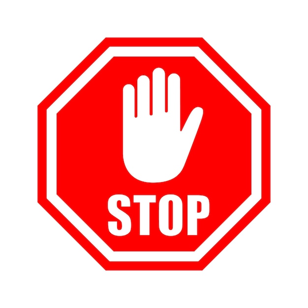 Señal de parada con icono de mano en estilo plano Ilustración vectorial de control de tráfico en un fondo aislado Concepto de negocio de señal de atención
